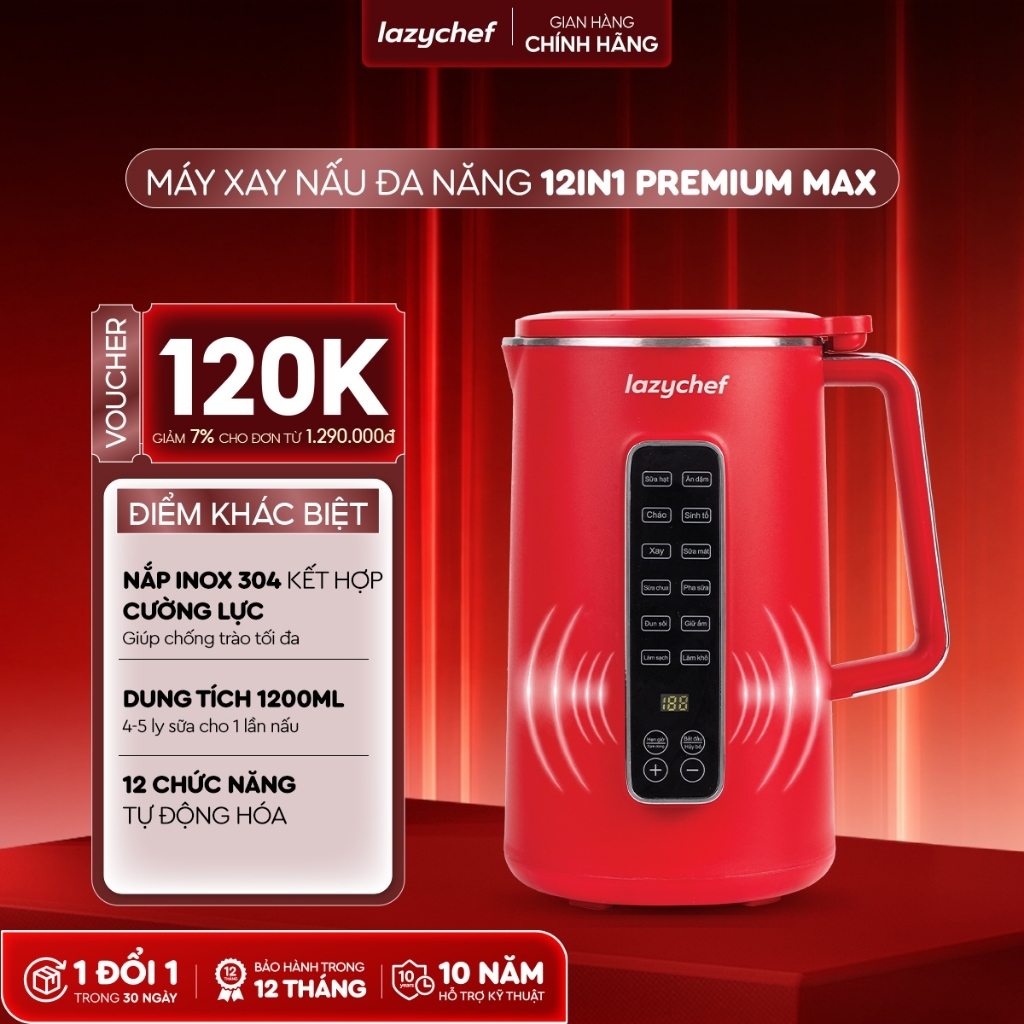 Máy Làm Sữa Hạt Lazychef Premium Max 12in1 1200ml, Xay Nấu Đa Năng, Ủ Sữa Chua, chống trào, BH 12 Tháng