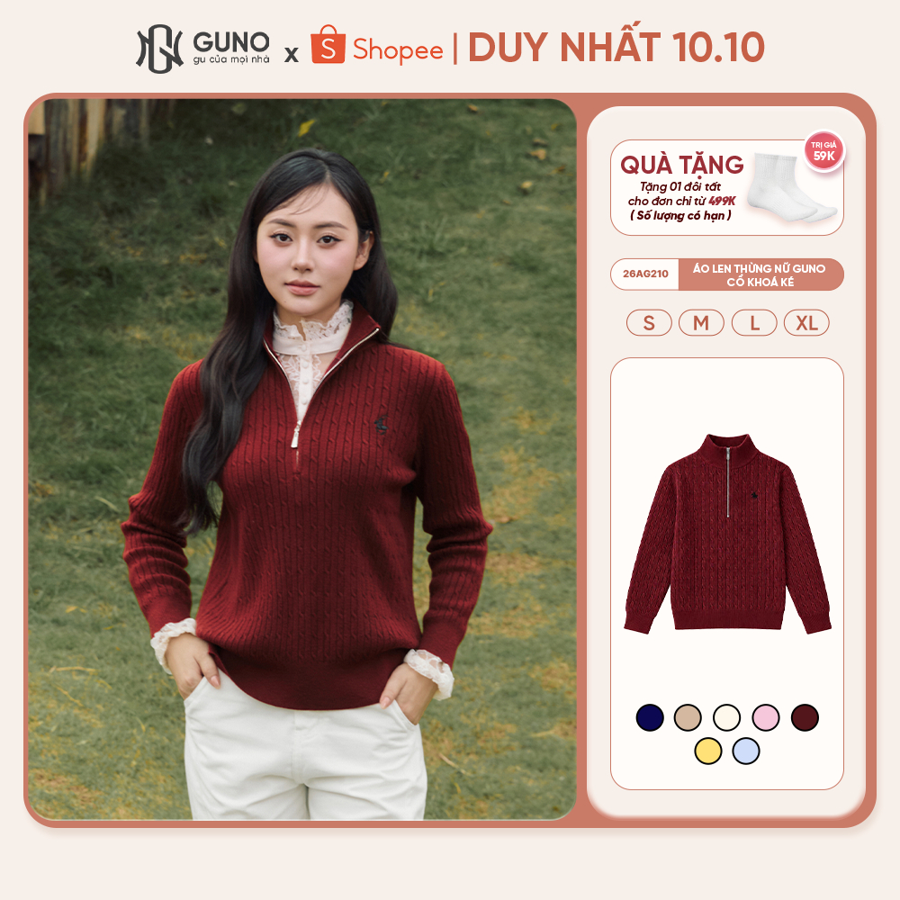 Áo Len Thừng Nữ GUNO Cổ Kéo Khóa Dày Dặn Giữ Ấm Thêu Logo Ngựa Freesize Basic Thời Trang  26AG210