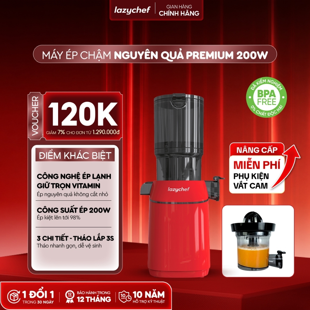 Máy Ép Chậm Lazychef 3S Premium 200W – Motor Mạnh Hơn, Tháo Lắp 3 Giây, Làm Kem, Bảo Hành Tận Nhà 12 Tháng