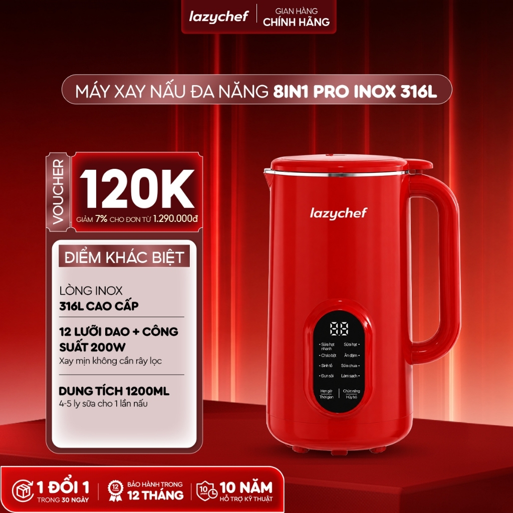 [GIÁ TỐT TRONG LIVE] Máy xay nấu đa năng 8in1 Pro Lazychef 1200ml, Inox 316L, Ủ Sữa Chua, Nấu Sữa Hạt Nhanh, BH 12 Tháng