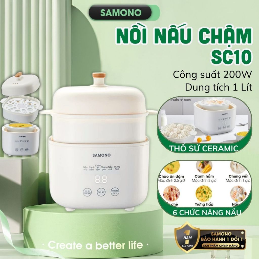 (Bản Nâng Cấp) Nồi nấu chậm đa năng SAMONO SW-SC10 dung tích 1L phiên bản tiếng Việt - Hàng chính hãng BH 1 năm