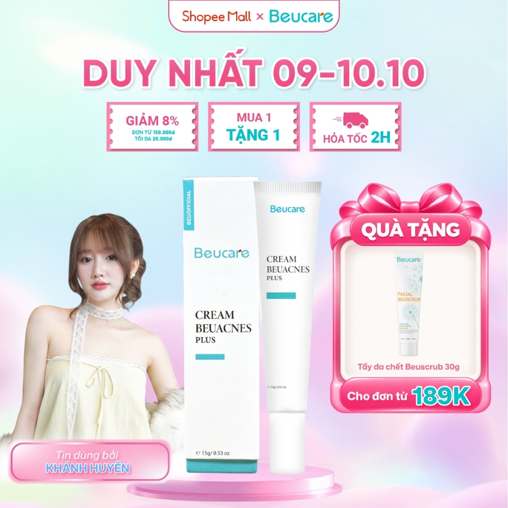 Kem giảm mụn nhanh 24h BEUACNES PLUS mụn trứng cá, chiết xuất rau má, hỗ trợ mờ thâm mụn 15g