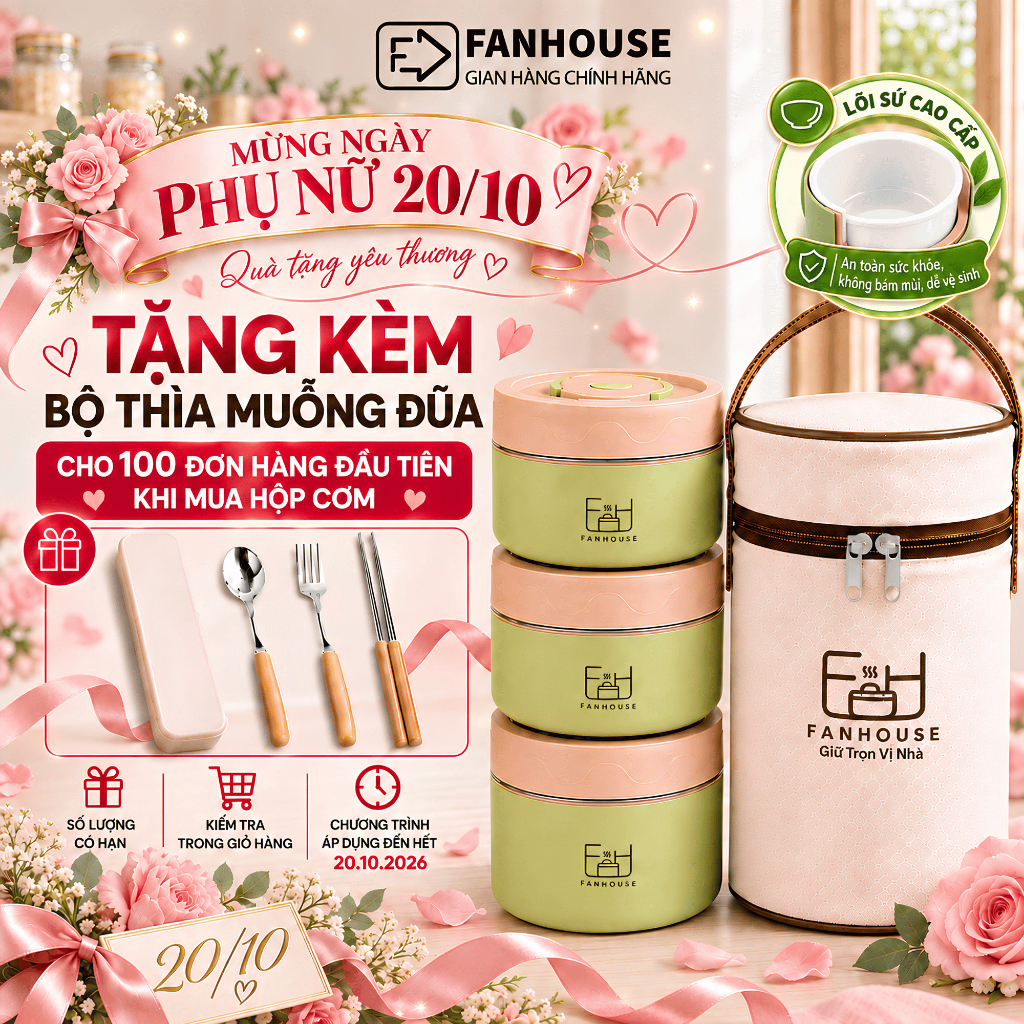 Hộp cơm giữ nhiệt 3 tầng Lunch Box 1500ml hộp đựng cơm inox 304 Fan House tặng bộ đũa thìa