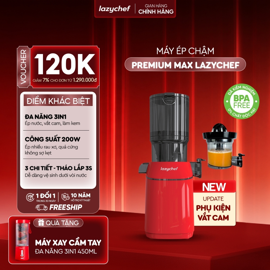 Máy Ép Chậm Lazychef 3S Premium Max 200W – Motor Mạnh Hơn, Tháo Lắp 3 Giây, Làm Kem, Bảo Hành Tận Nhà 12 Tháng
