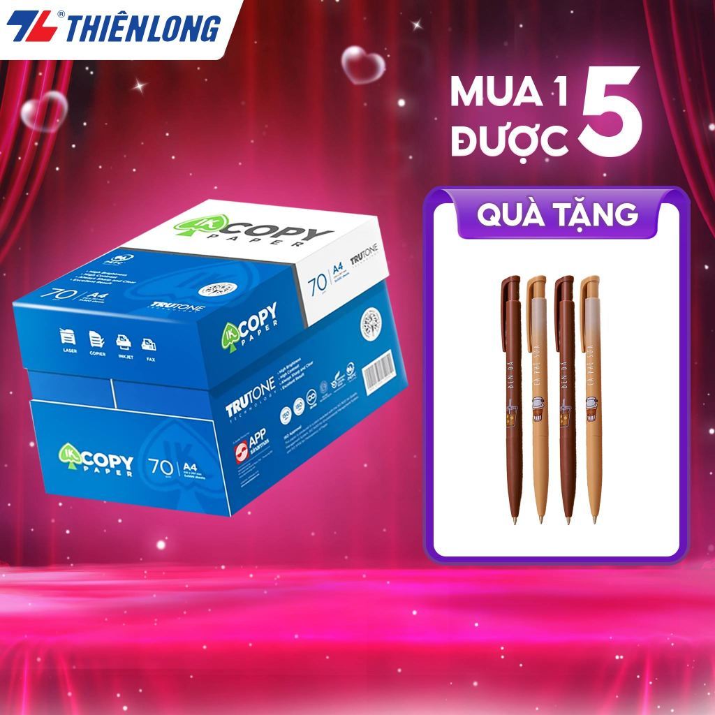 Combo 5 ream Giấy in A4 photo Thiên Long IK Copy 70 gsm đều màu, độ dày cao, giấy cứng chất lượng tốt (2500 tờ/ thùng)
