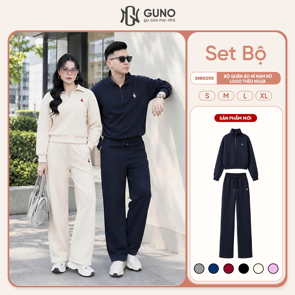 Bộ Quần Áo Nỉ Nam Nữ GUNO Cao Cấp Kéo Khóa Cổ Thêu Ngựa Kèm Quần Suông Hack Dáng 26BG200/BB230