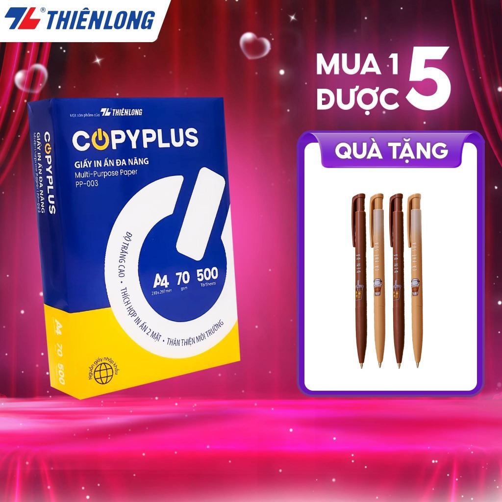 Combo 5/10 thùng Giấy in A4 70 gsm Thiên Long Copy Plus PP-003 (500 tờ/ Ream) - Chất lượng cao, hợp in ấn