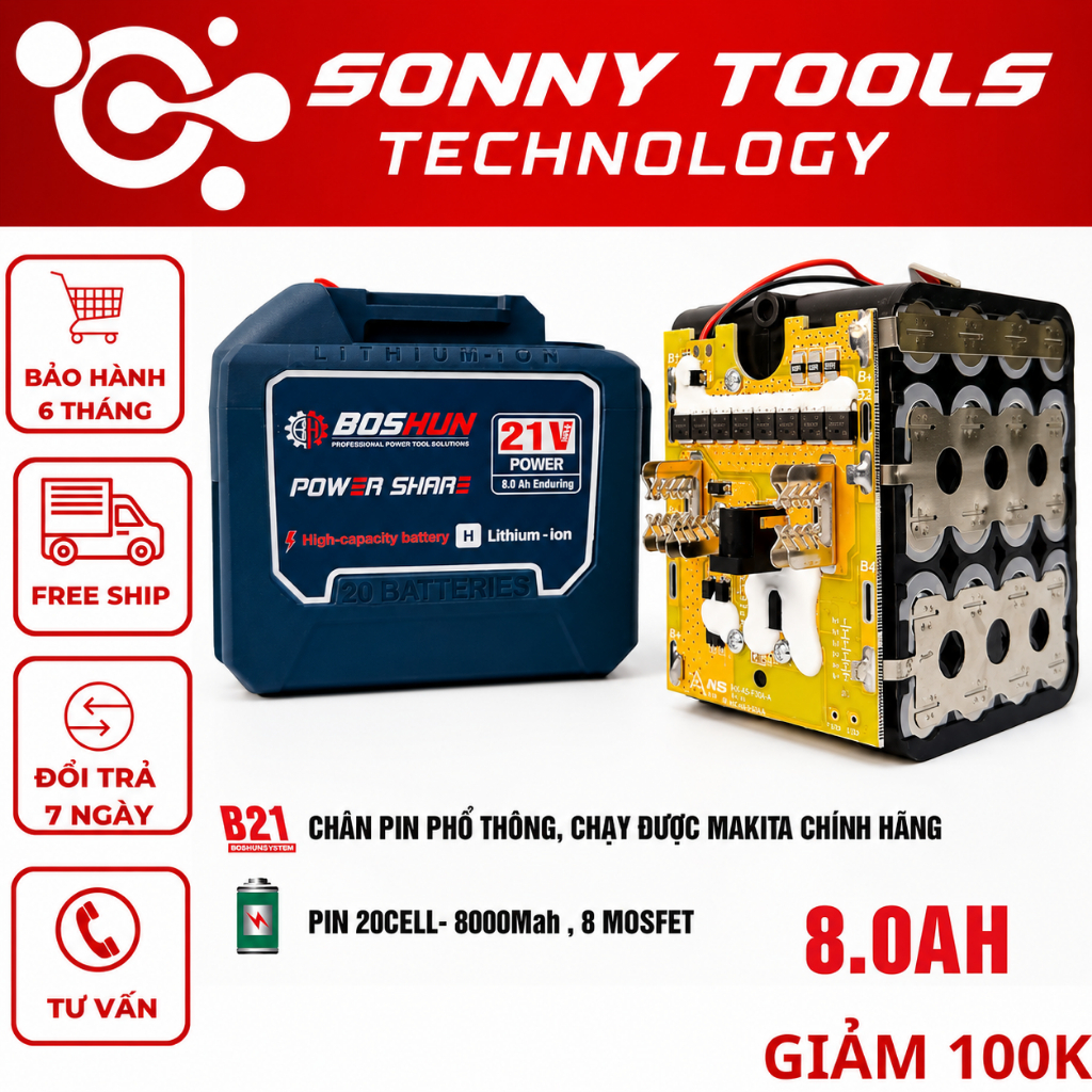Pin 20 CeII chính hãng BOSSUN, Dung lượng lớn 8Ah, mạch 8 mosfet dòng xả cao, Chân Pin M21 thông dụng