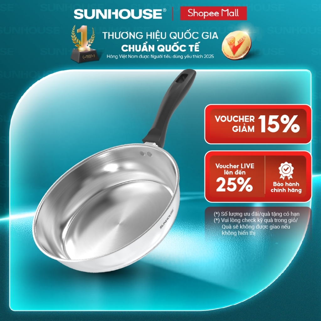 Chảo inox Impact Sunhouse ECO INxxM3 - Công nghệ dập đáy Impact - Tay cầm chống bỏng - Dùng mọi loại bếp