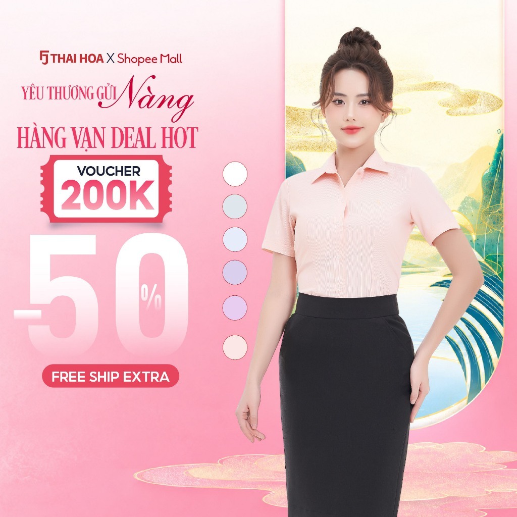 Áo sơ mi nữ ngắn tay R04 kẻ sọc tăm thiết kế công sở form ôm không nẹp nhiều màu Thái Hòa