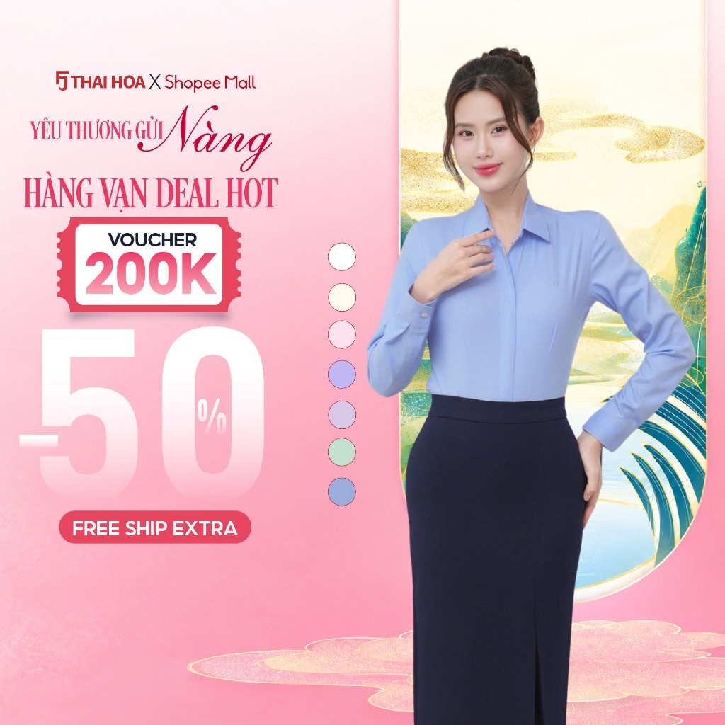 Áo sơ mi nữ 102 chất liệu cotton form ôm trơn bản nẹp khuy cao cấp dài tay Thái Hòa