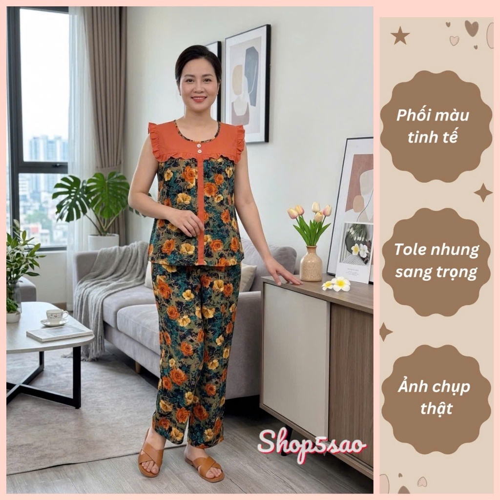 [MẪU MỚI] Bộ tole lanh mặc nhà trung niên quần dài, áo phối màu, sang trọng, vải lanh mềm mịn, thoáng mát Shop5sao