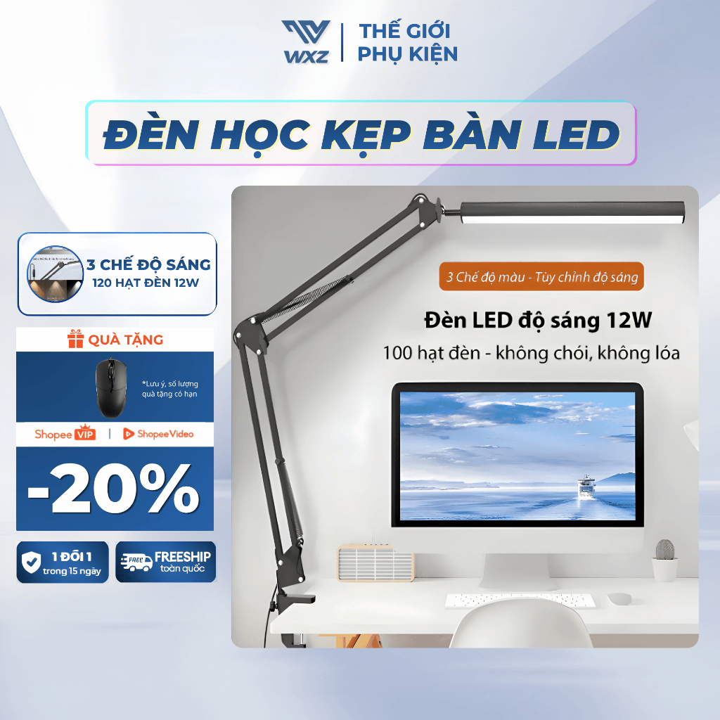 Đèn Học Kẹp Bàn LED 120 Hạt Đèn 12W, Đèn Bàn Học 3 Chế Độ Sáng, Tùy Chỉnh Góc Ánh Sáng