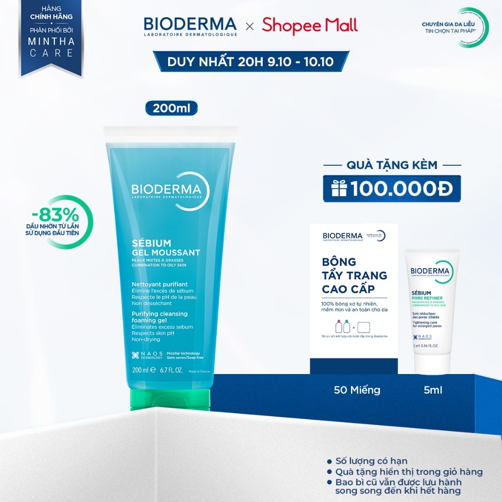 Gel rửa mặt tạo bọt cho da hỗn hợp và da dầu Bioderma Sebium Gel Moussant - 200ml (dạng tuýp)