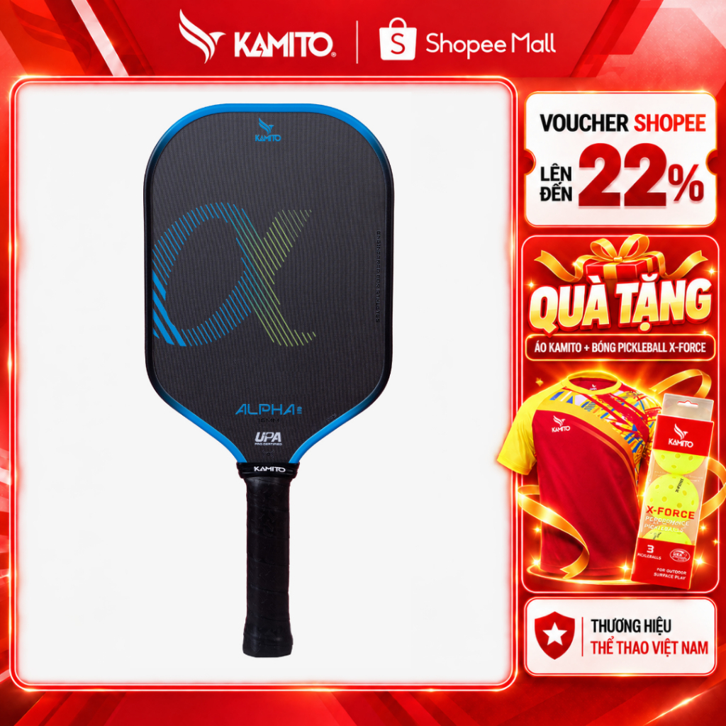 Vợt Pickleball Kamito Alpha 2, Chất liệu Carbon Toray tăng độ nhám bám bóng, kiểm soát bóng hiệu quả