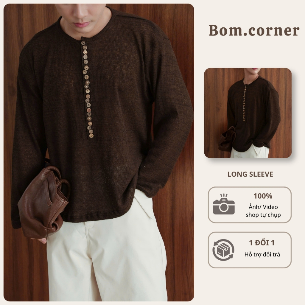 Áo Len Nam Dài Tay Chất Len Hàn, Áo Henley Nam Nâu Choco Form Relaxed Phong Cách Thu Đông BOM.CORNER