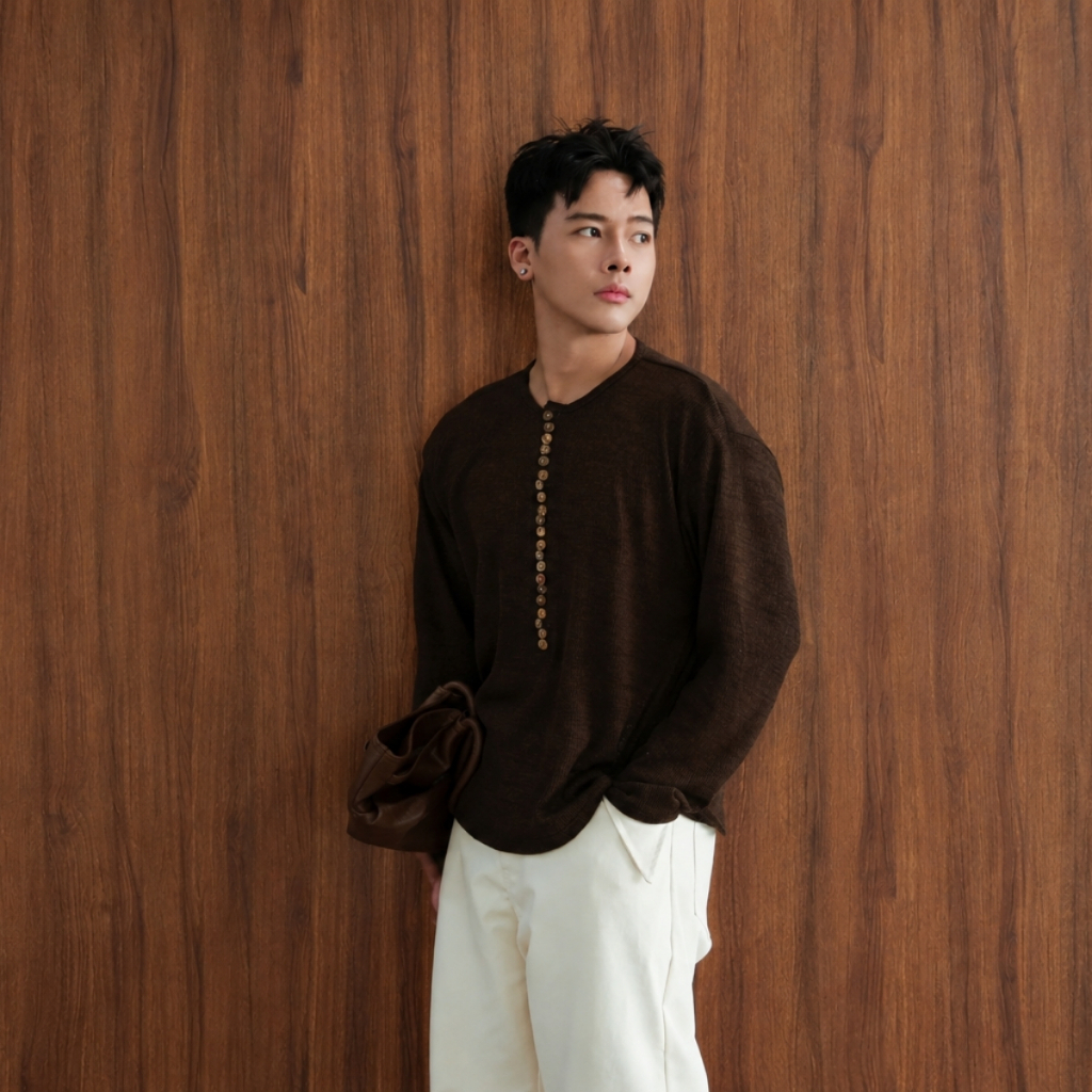 Áo Len Nam Dài Tay Chất Len Hàn, Áo Henley Nam Nâu Choco Form Relaxed Phong Cách Thu Đông BOM.CORNER | BigBuy360 - bigbuy360.vn