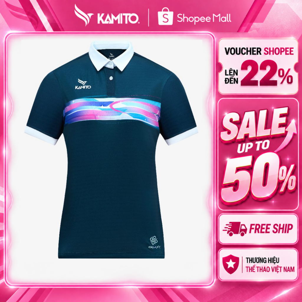 Áo polo nữ Kamito Galaxy, áo thun thể thao nữ, vải dệt kim, thoáng khí, co dãn tốt, chống nhăn