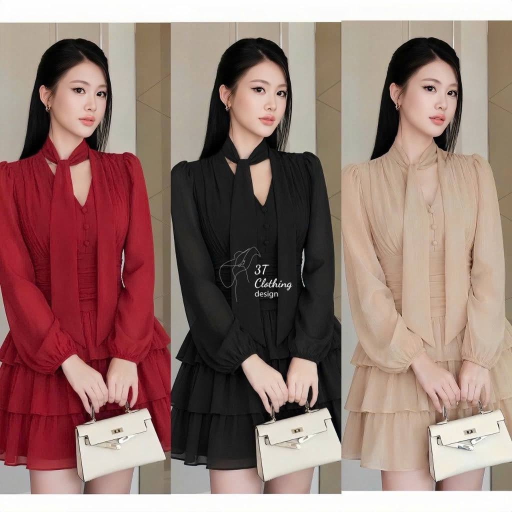 [3T CLOTHING] Đầm Váy Nữ Tơ Óng Vân 2 Lớp Cổ Nơ Tay Dài, Đầm Xòe Xếp Ly Eo Tôn Dáng, Váy Dự Tiệc BigSize 40–70kg B86