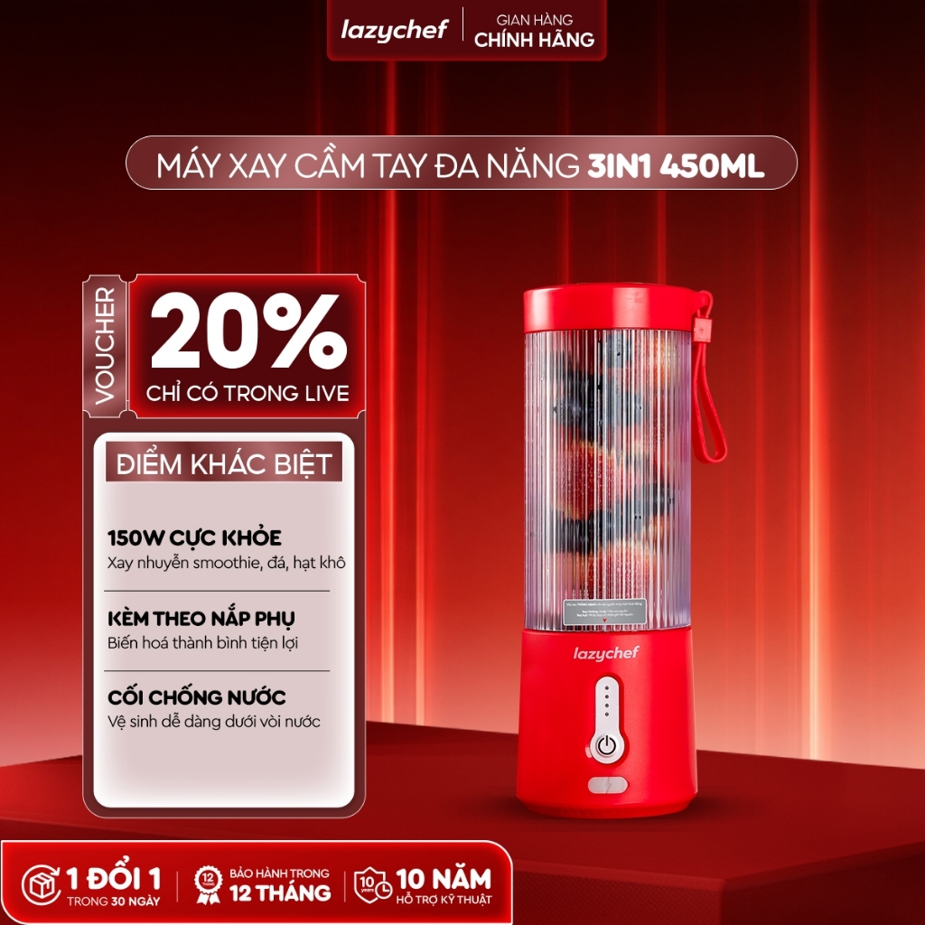 Máy xay sinh tố cầm tay - Máy xay đa năng 3in1 Lazychef - Xay smoothie, hạt khô, xay đá, 150w xay khoẻ, không dây