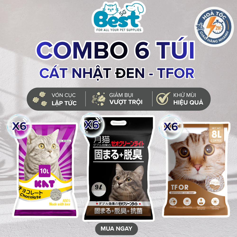 [1 BAO 6 TÚI] Cát MIN, NHẬT ĐEN, TFOR, Cát vệ sinh cho mèo, vón cục, khử mùi, ít bụi