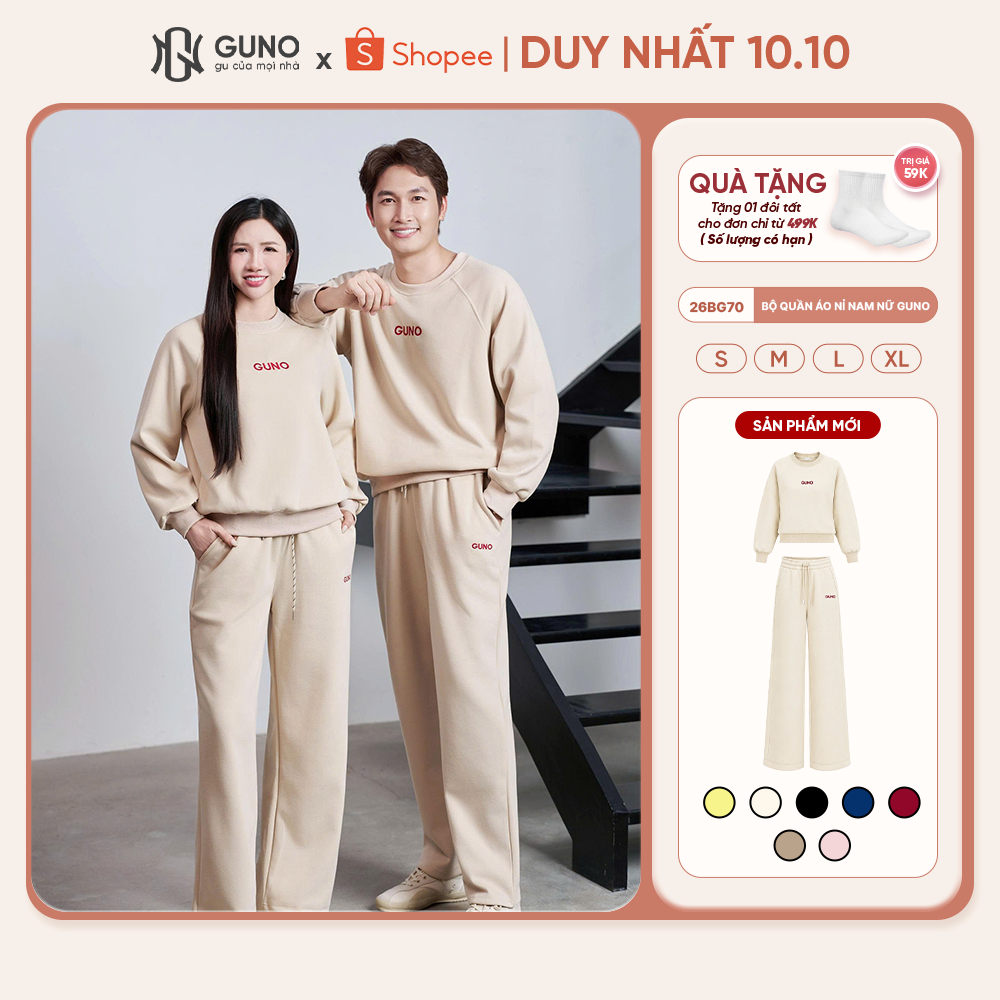 Bộ Quần Áo Nỉ Nam Nữ GUNO Cổ Tròn Logo Thêu Kèm Quần Suông Bộ Thu Đông Cao Cấp 26BG70/26BB71