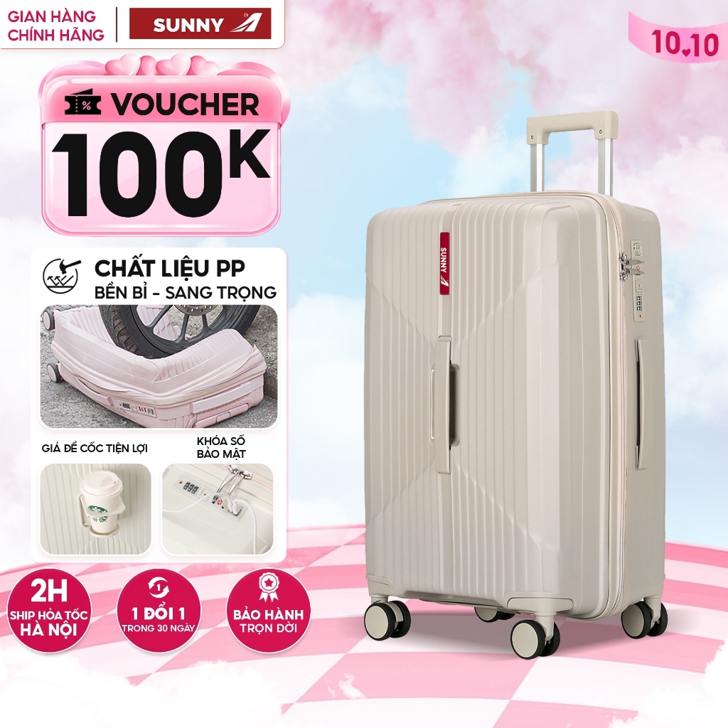 Vali kéo du lịch SUNNY CHOCO nhựa PP chống vỡ cổng sạc USB ngăn đựng cốc size 20 24 28 inch xách tay cabin ký gửi