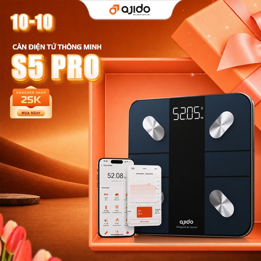 Cân Điện Tử Sức Khỏe Thông Minh AJIDO S5 PRO, Phân Tích Inbody, Đo 20 Chỉ Số Cơ Thể, Kết Nối Bluetooth App Ajido Health