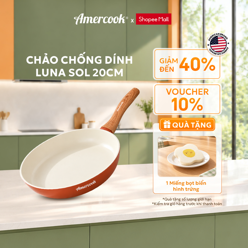 Chảo rán chống dính Amercook Luna Sol 20/24/28cm - Chảo nhôm rèn phủ Ceramic cao cấp chuẩn Mỹ