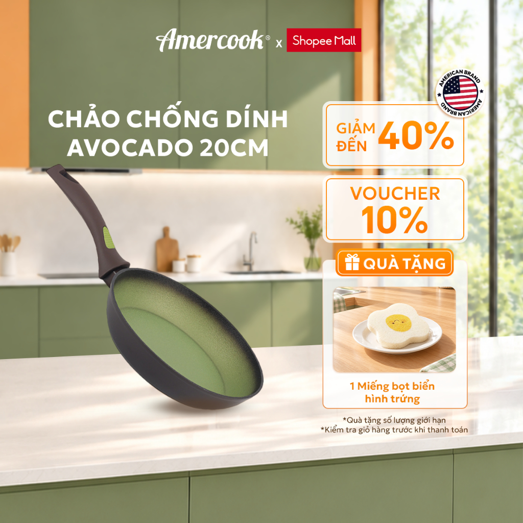 Chảo rán chống dính Amercook Avocado Greblon C2 Đức - Nhôm tái chế thân thiện môi trường, dùng mọi loại bếp