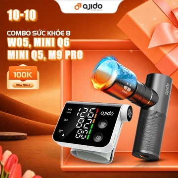 [COMBO 8] Máy Massage Cầm Tay Ajido Mini Q6, Giảm Đau Giãn Cơ + Máy Đo Huyết Áp Cổ Tay W05 Cảnh Báo Nhịp Tim Bất Thường