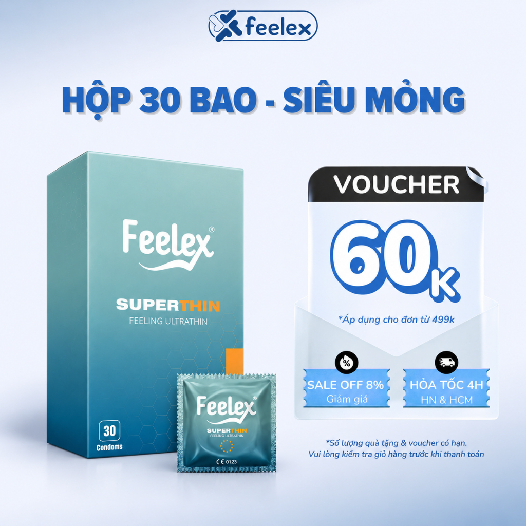 Hộp 30 bao cao su siêu mỏng Feelex Superthin, ôm sát chân thật, nhiều gel bôi trơn giảm ma sát