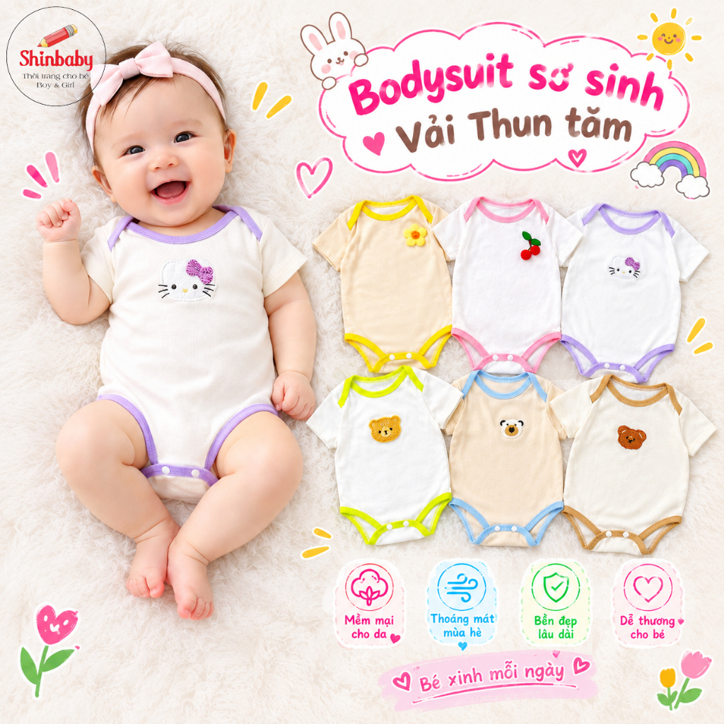 Combo 3 Bộ Bodysuit Sơ Sinh, Body Chip Vải Thun Tăm 0-12 tháng
