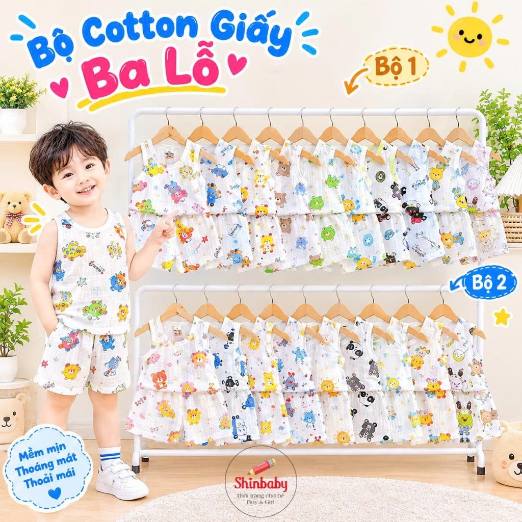 Combo 4 bộ giấy ba lỗ mỏng mát nhiều hình in đẹp cho bé mặc hè siêu dễ thương