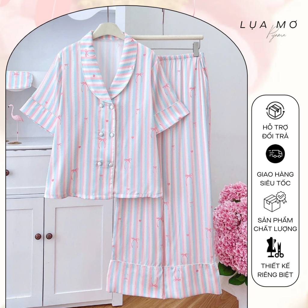 Pijama Tiểu Thư Tay Ngắn Form Vest Cổ Sam Họa Tiết Vải Lụa Latin Cao Cấp - Đồ bộ Lụa Mơ LM302