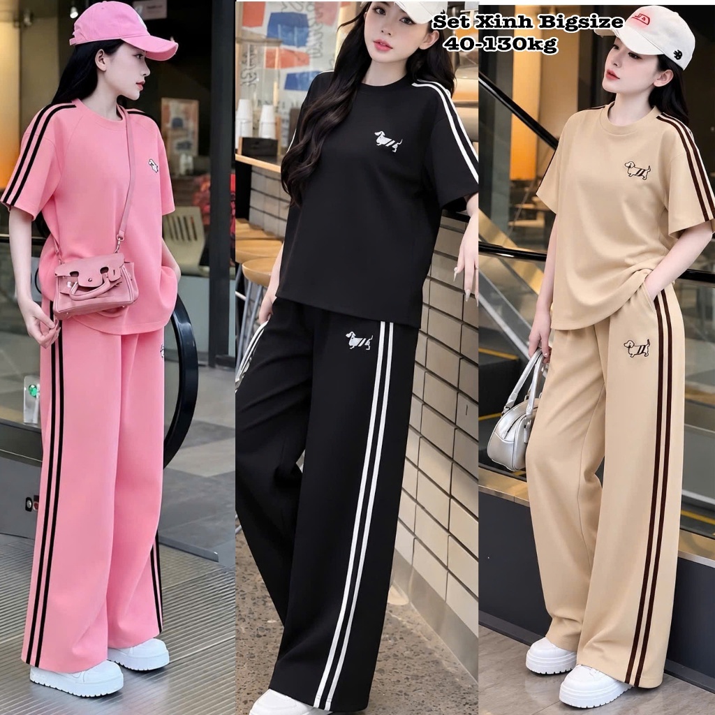 [Bigsize 40-130KG] Set Bộ Dài Thun Tăm Bigsize Form Rộng Thêu Họa Tiết Che Giấu Bụng Hot Hit cổ tim Nữ Chuppy  40-95kg
