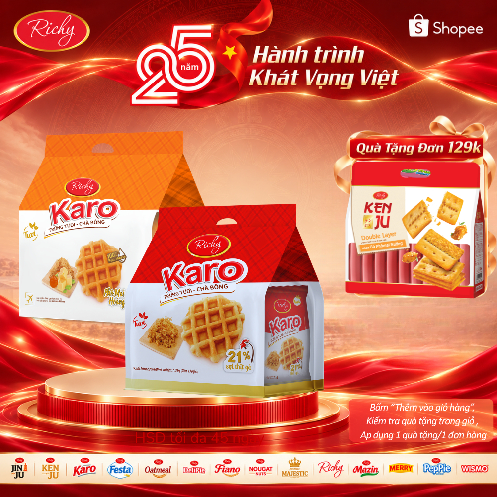 [HOẢ TỐC HN] [Quà Tặng Đơn 129k] Combo 2 Bịch Bánh Richy Karo Hoàng Kim Phô Mai, Sợi Gà Truyền Thống & Trứng Sữa