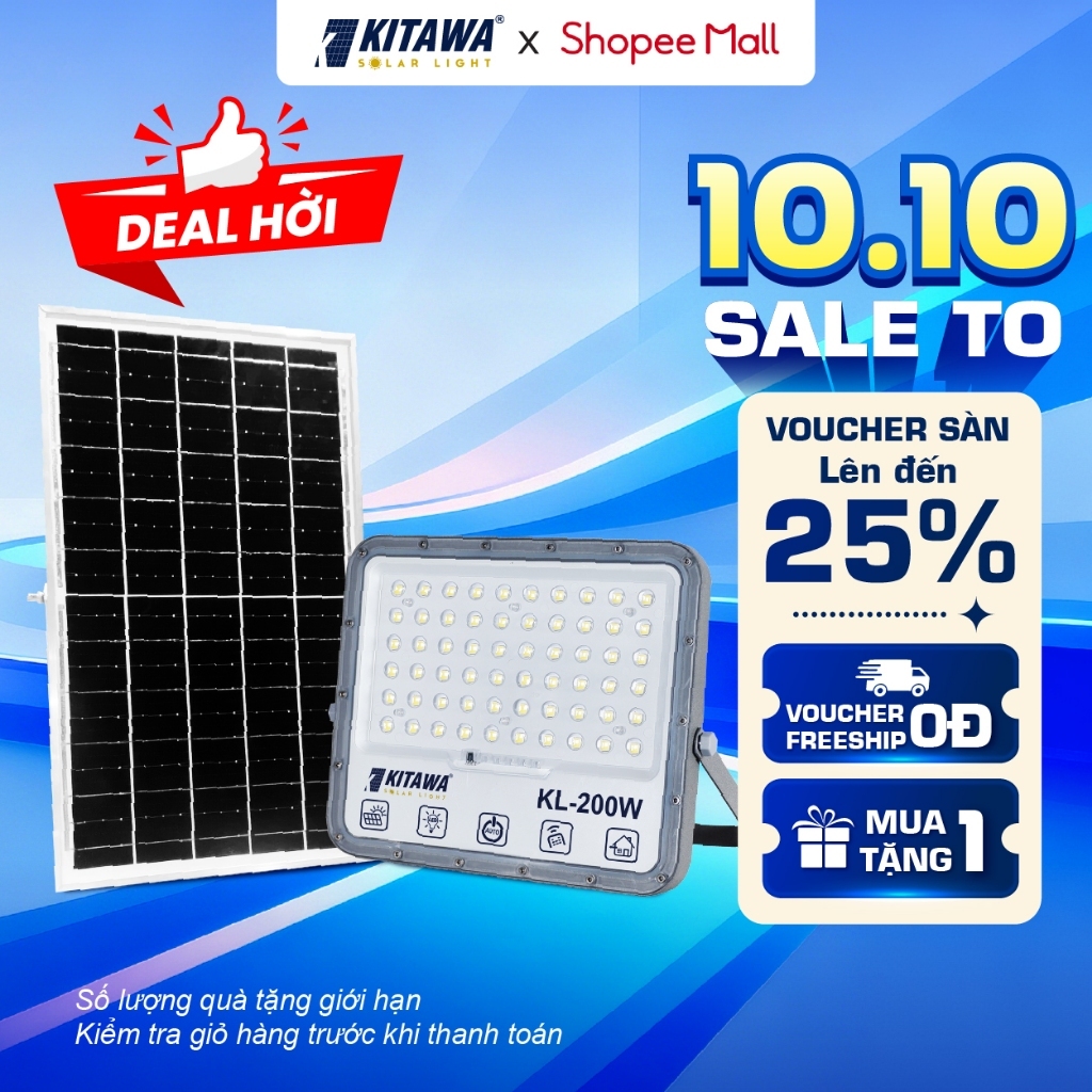 Đèn pha năng lượng mặt trời 200W chống chói KITAWA - DP15.200 Thiết Kế Nhôm Đúc Bền Bỉ, Chống Nước