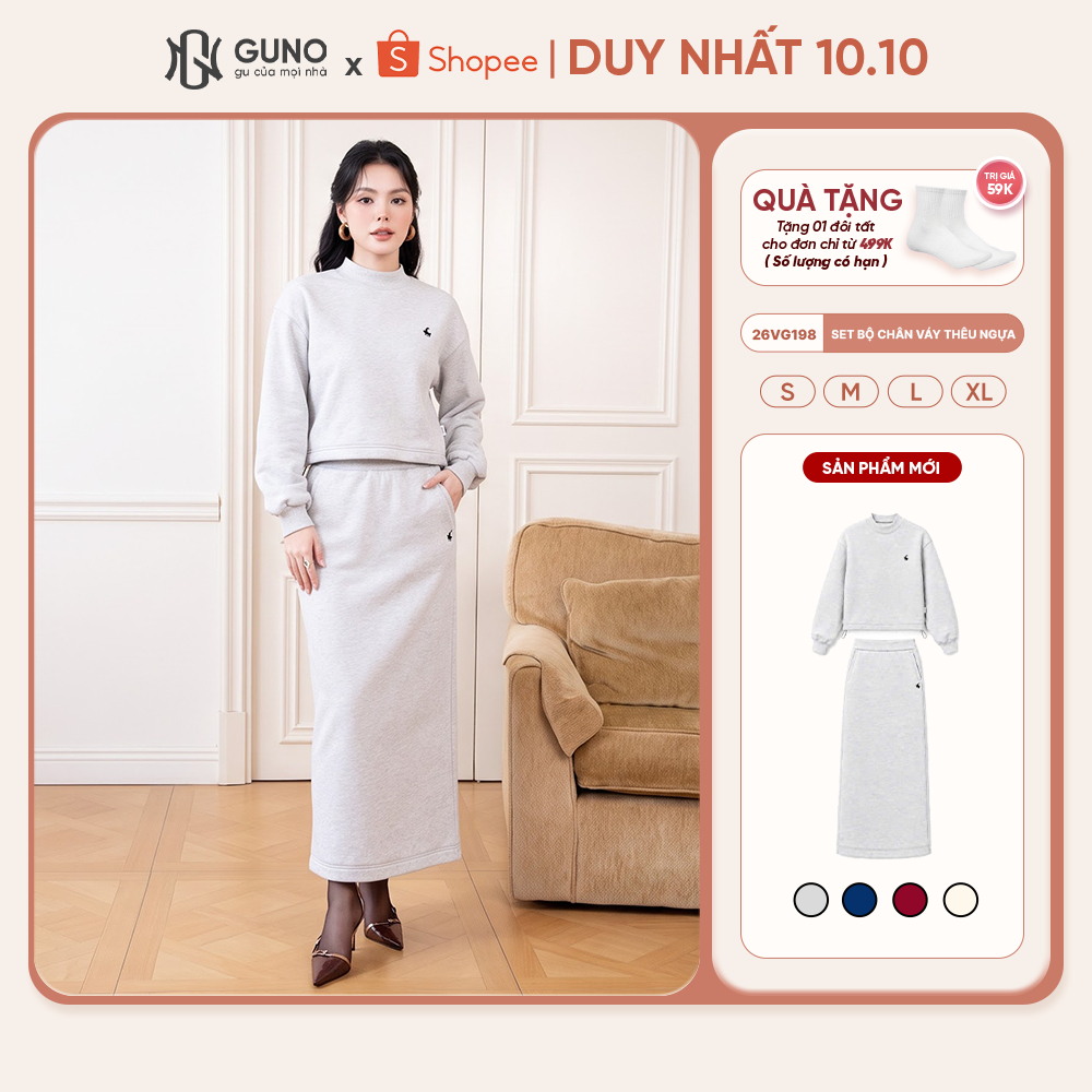 Set Váy Nỉ Nữ GUNO Dáng Dài Cao Cấp Thêu Ngựa Cổ Tròn Bo Viền Phối Chân Váy Suông Thu Đông 26VG198