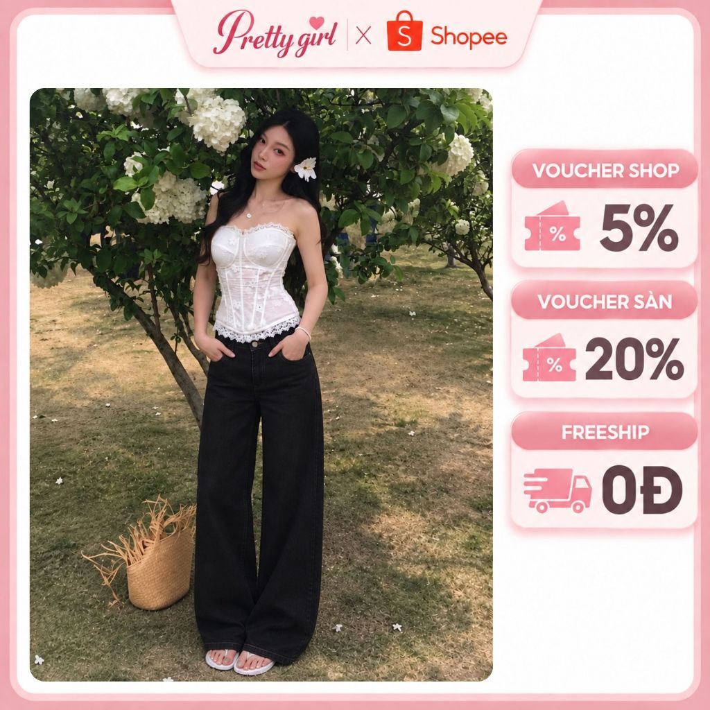 Quần Jean Ống Suông Rộng JSR05 Màu Đen Trơn Pretty Girl Basic Dễ Phối Đồ Chất Denim Mềm Phong Cách