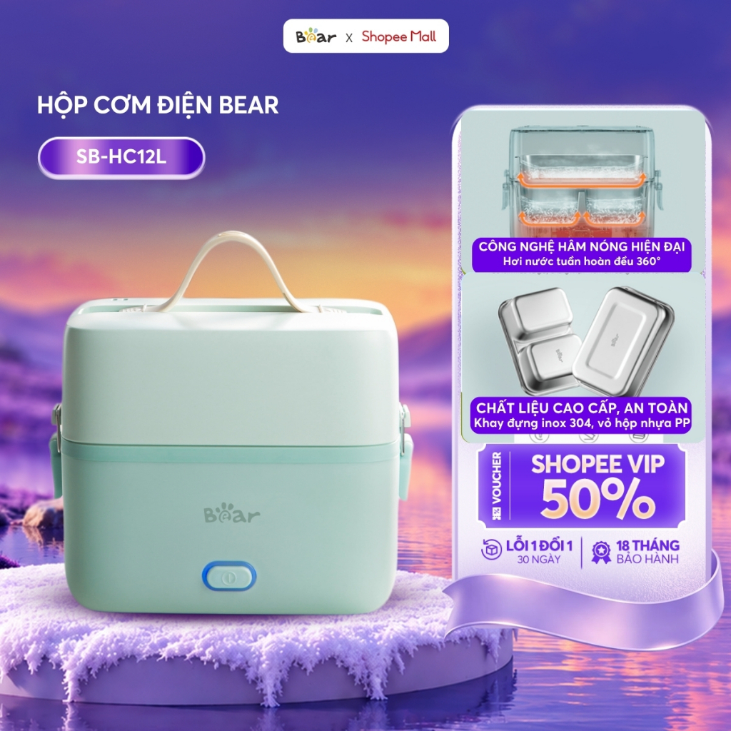 Hộp Cơm Cắm Điện BEAR 1.2L 2 Tầng Lòng Inox 304 Hâm Nóng Nhanh Hộp Cơm Văn Phòng Công Sở SB-HC12L