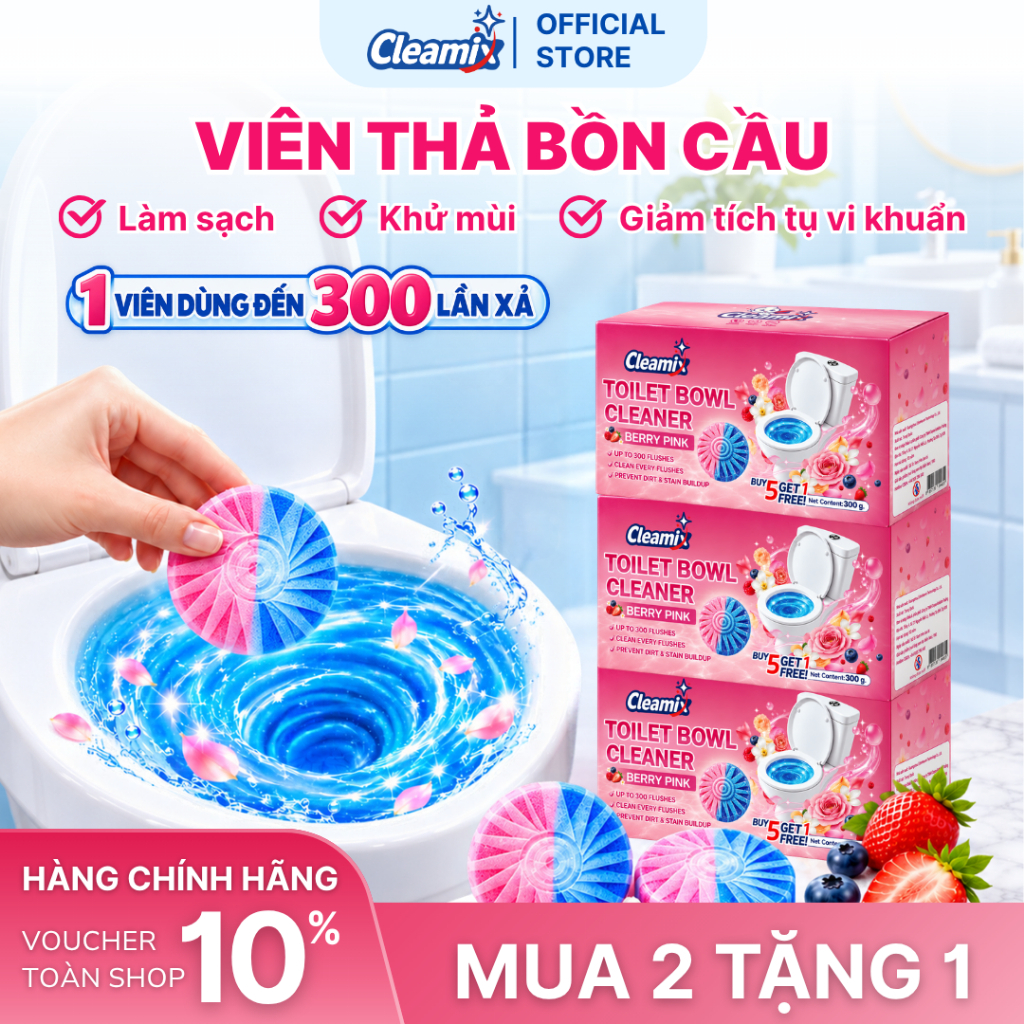 [MUA 2 TẶNG 1] Viên Thả Bồn Cầu Berry Pink Cleamix sạch khuẩn thơm mát làm sạch mảng bám khử mùi toilet 2in1