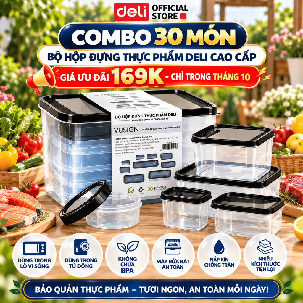 [BÁN CHẠY] COMBO 30 Hộp đựng thực phẩm DELIxVUSIGN đủ size từ 250 - 1500ml dùng cho lò vi sóng, tủ lạnh