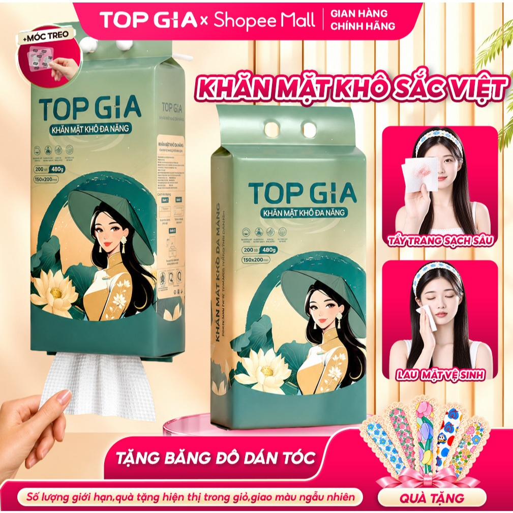 Khăn mặt khô Top Gia Sắc Việt treo tường, dùng 1 lần mềm mịn, an toàn cho da, bịch 200 tờ tặng móc