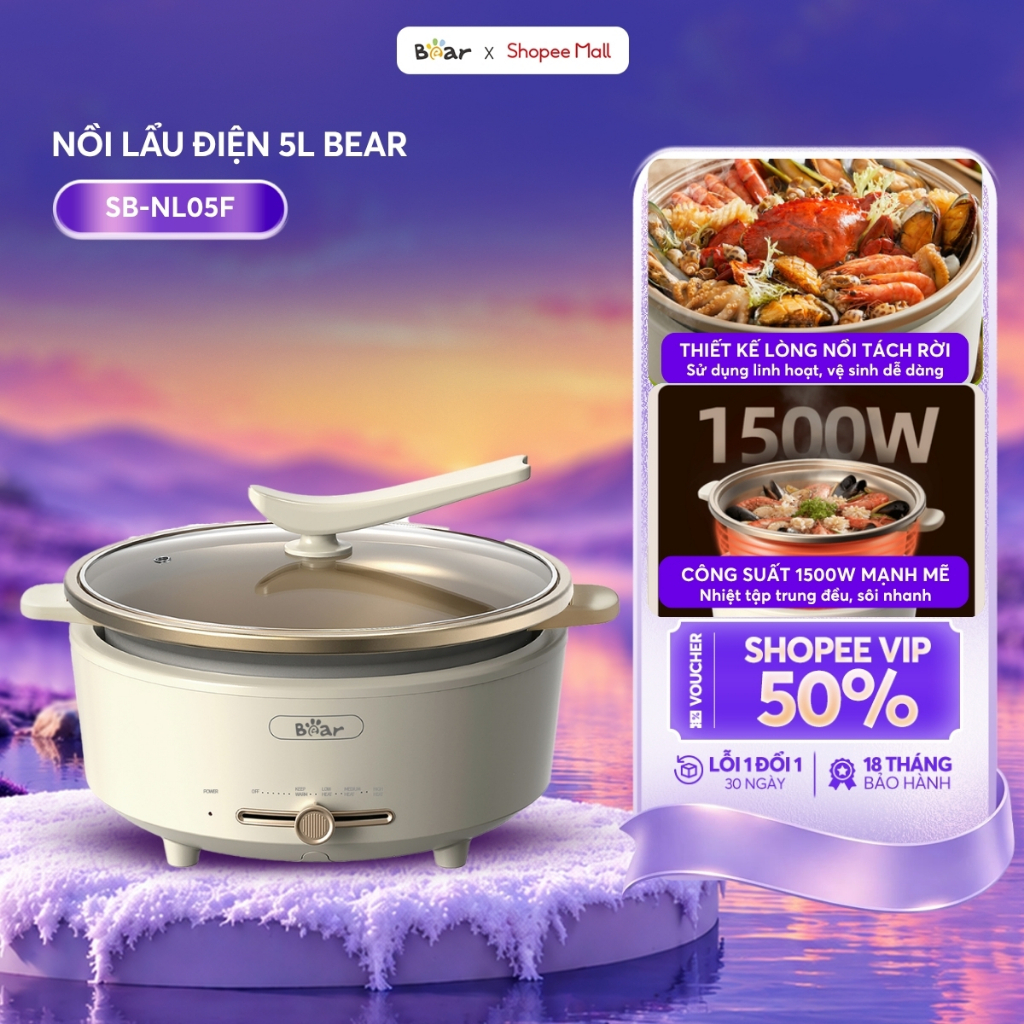 Nồi Lẩu Điện Bear 5L Nồi Điện Đa Năng Nồi Điện Nồi Nấu Lẩu Điện Nồi Tách Rời Nhanh Sôi Chống Dính Dễ Vệ Sinh SB-NL05F