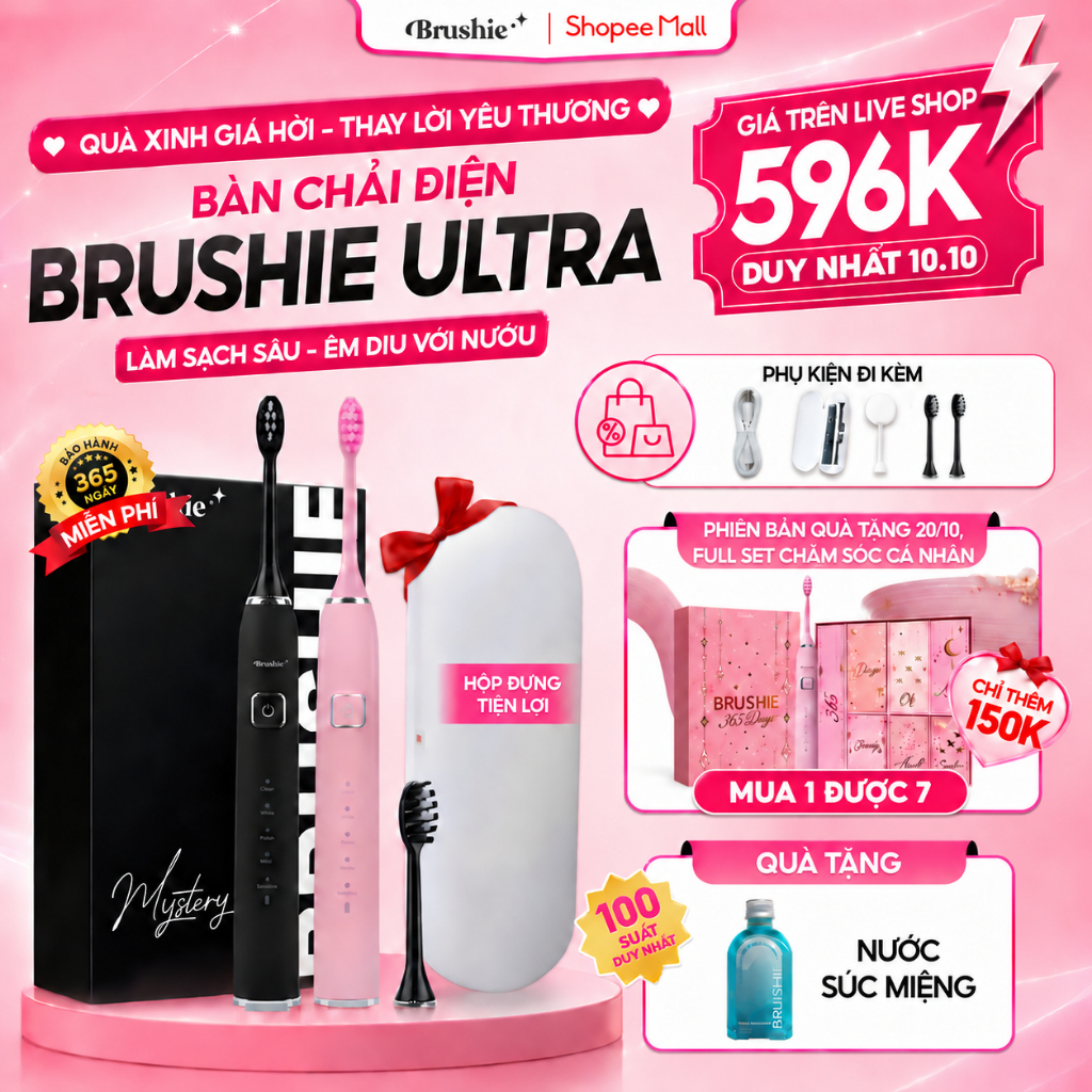 [GIÁ 540K LIVE SHOP] Bàn Chải Điện Brushie Ultra One Lông Mềm, Tích Hợp Máy Rửa Mặt, Bộ Set Quà Tặng Cho Nữ 20/10, LIS