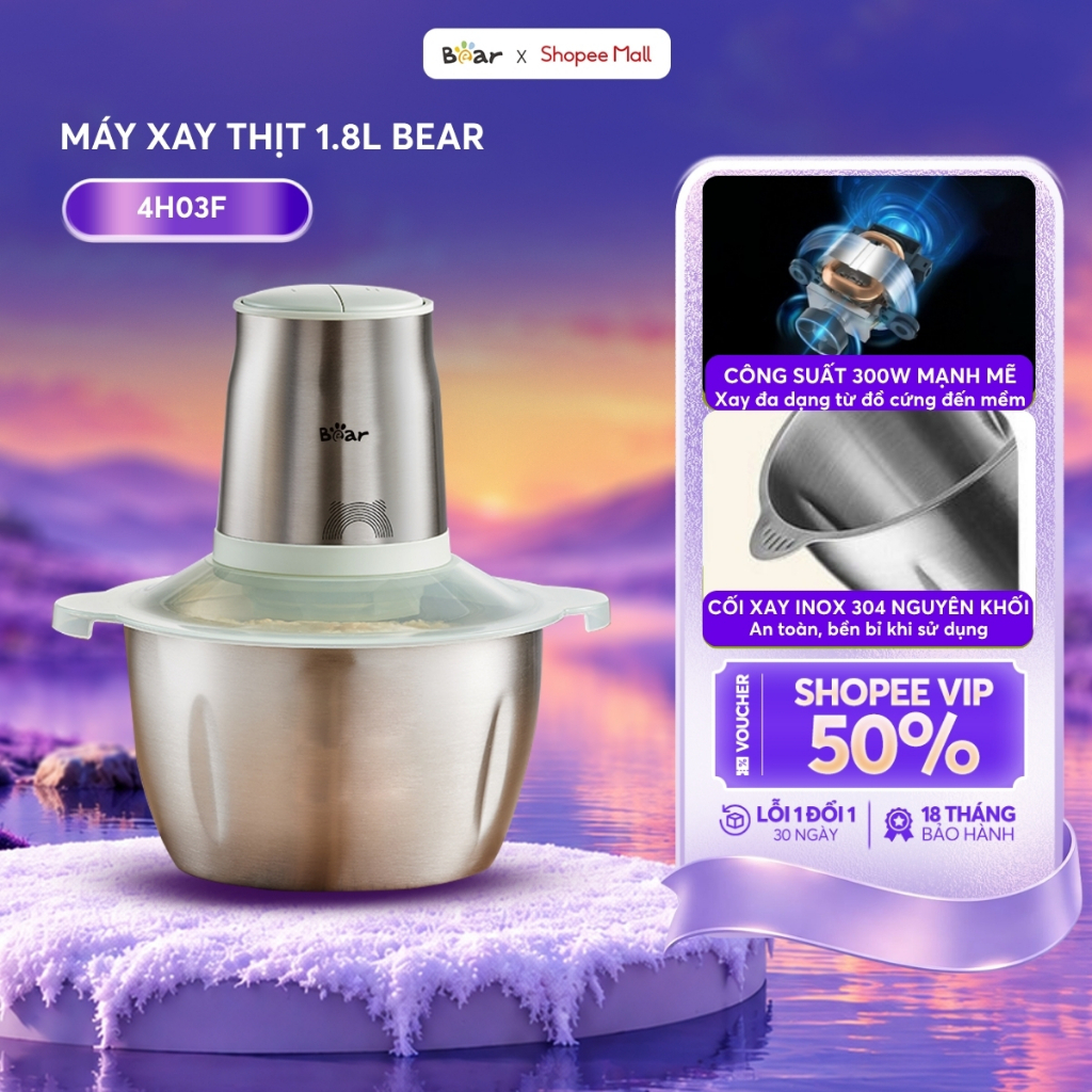 Máy Xay Thịt Cối Inox BEAR 1.8L, Máy Xay Thịt Đa Năng Cối Xay Thịt Máy Xay Đa Năng Xay Thực Phẩm Công Suất Cao CH-4H03F