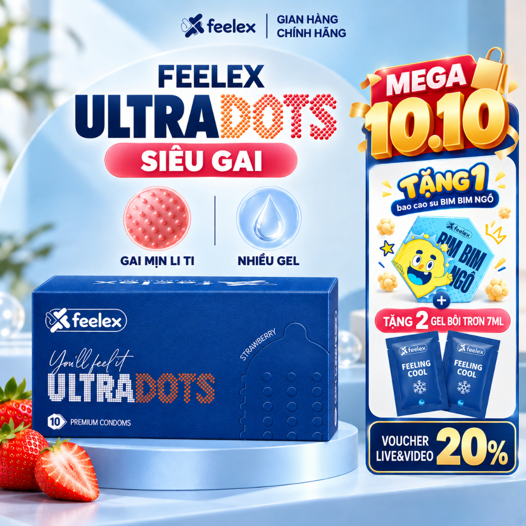 Bao cao su gai li ti toàn thân hương dâu Feelex Ultra Dots nhiều gel an toàn đem lại cảm giác mới lạ hộp 10 chiếc