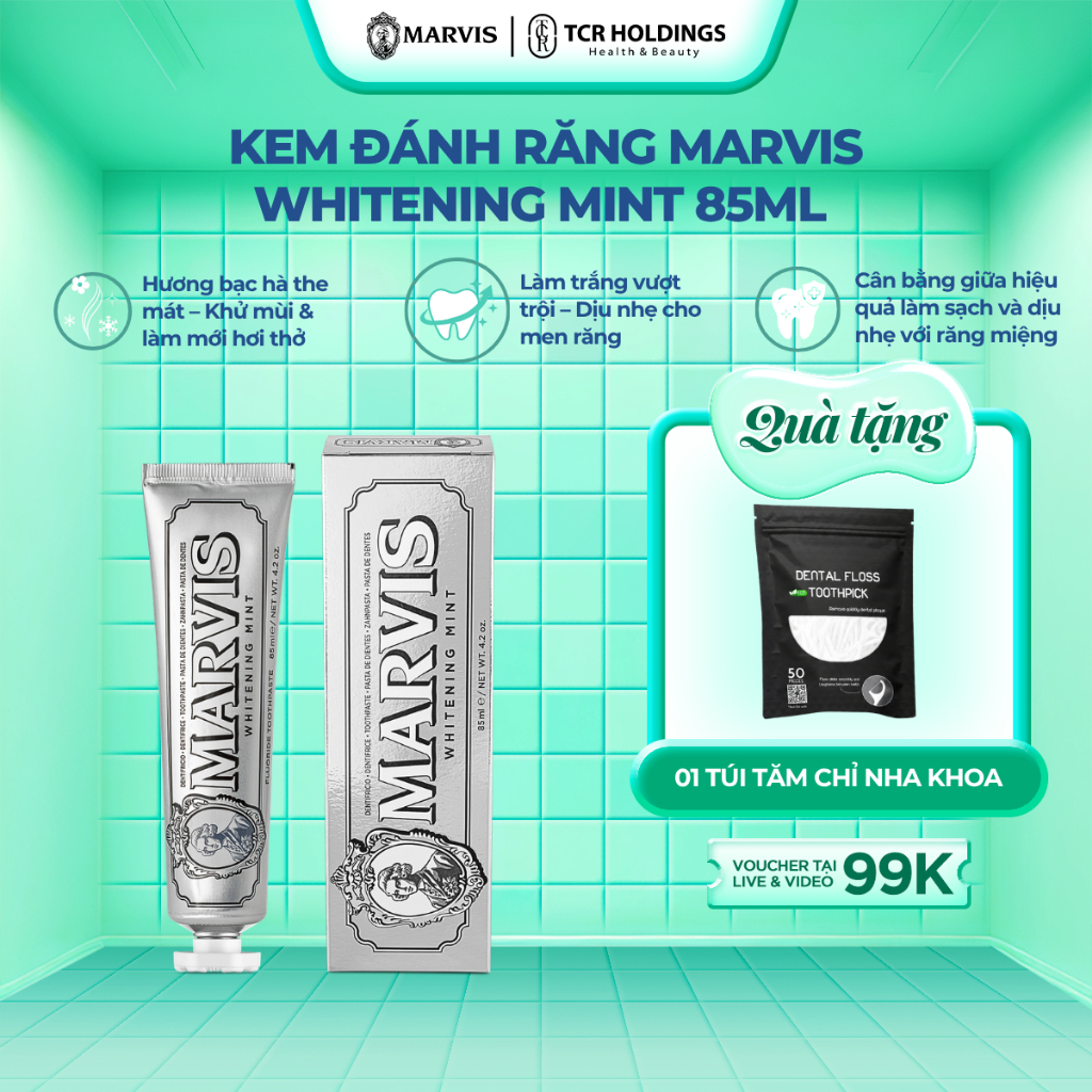 Kem đánh răng Marvis Whitening 85ML - Kem đánh răng Ý làm trắng, giảm mảng bám, bảo vệ răng miệng
