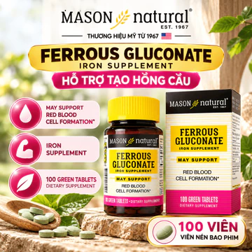 Viên Uống Sắt Hữu Cơ Mason Natural Ferrous Gluconate 27mg, Bổ Sung Sắt Hỗ Trợ Giảm Nguy Cơ Thiếu Máu Do Thiếu Sắt
